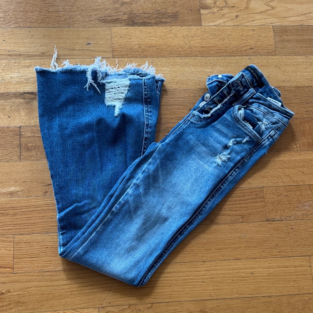 Flying Monkey Distressed Flare Jeans in Blue
